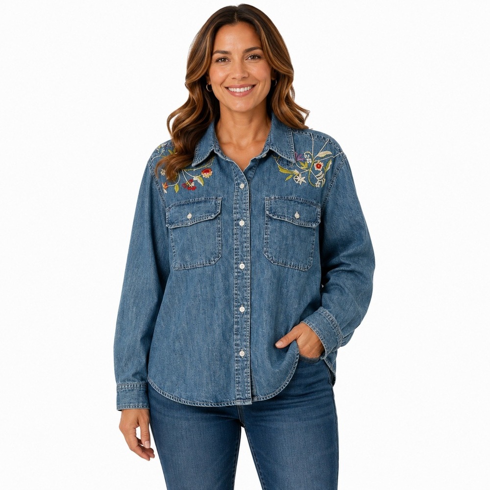 Ralph Lauren Denim Button-Down Shirt with Floral Embroidery